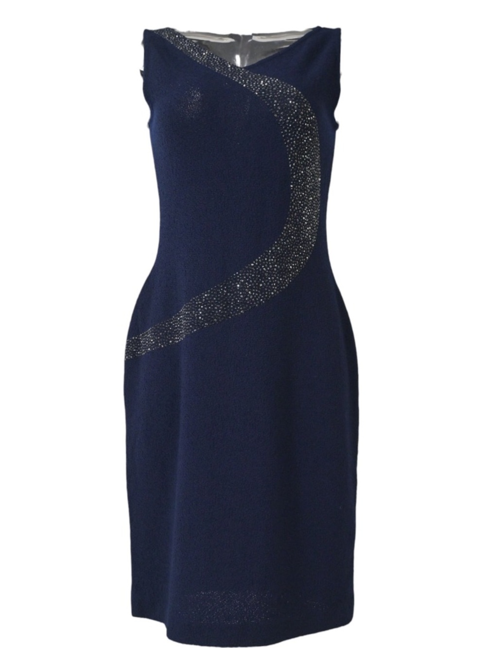 St. John Navy Crystal Embellished Wool Blend Sleeveless Sheath Dress